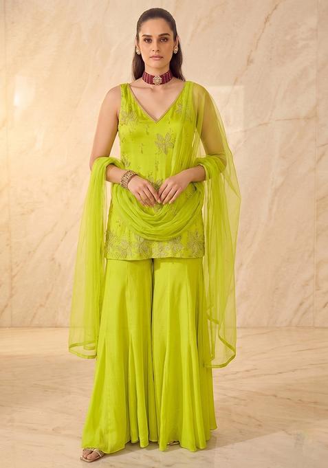 Lime Green Embellished Sharara Set