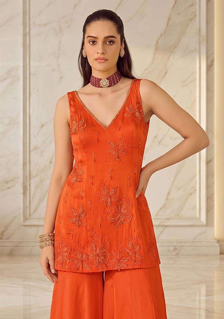 Orange Embellished Sharara Set - Indya