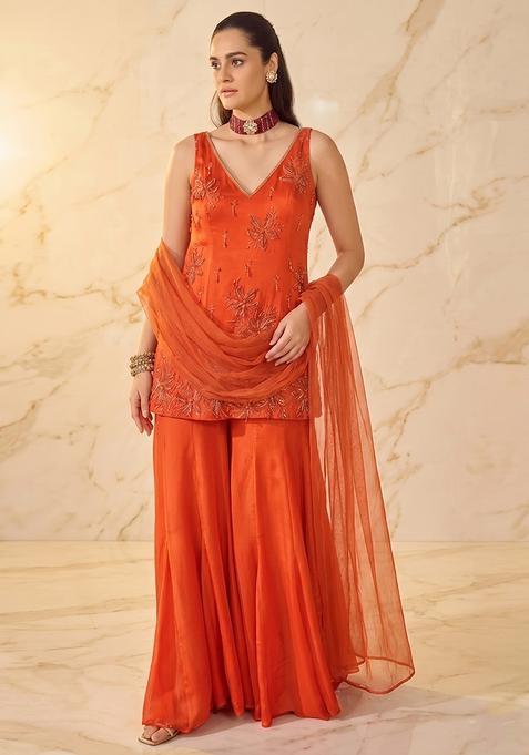 Orange Embellished Sharara Set