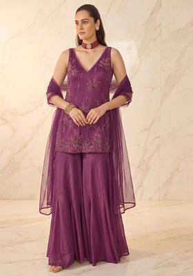 Wine Embroidered Sharara Set