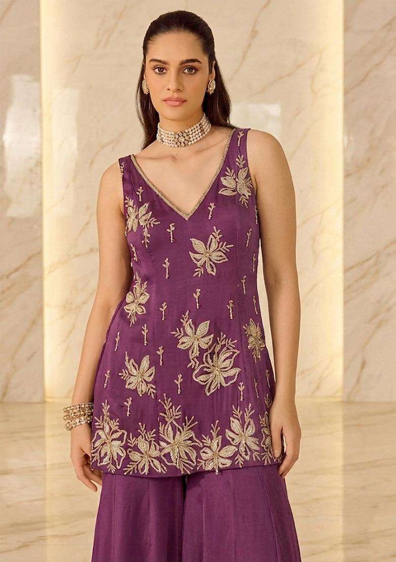 Wine Embroidered Sharara Set - Indya