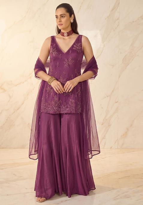 Wine Embroidered Sharara Set