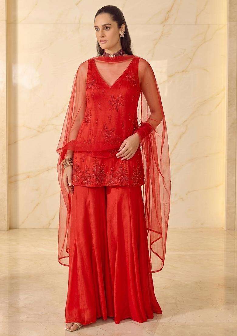 Bright Red Embroidered Sharara Set - Indya