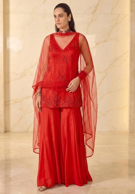 Bright Red Embroidered Sharara Set