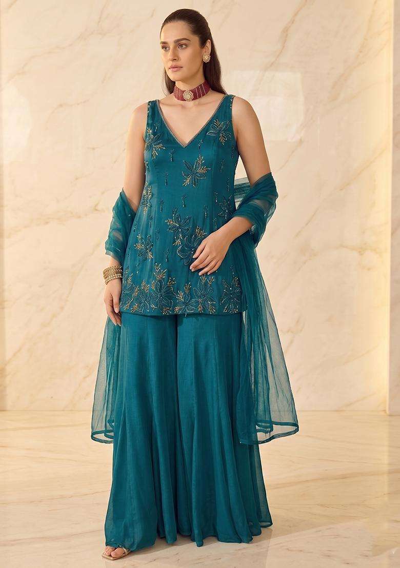 Teal Embroidered Sharara Set - Indya