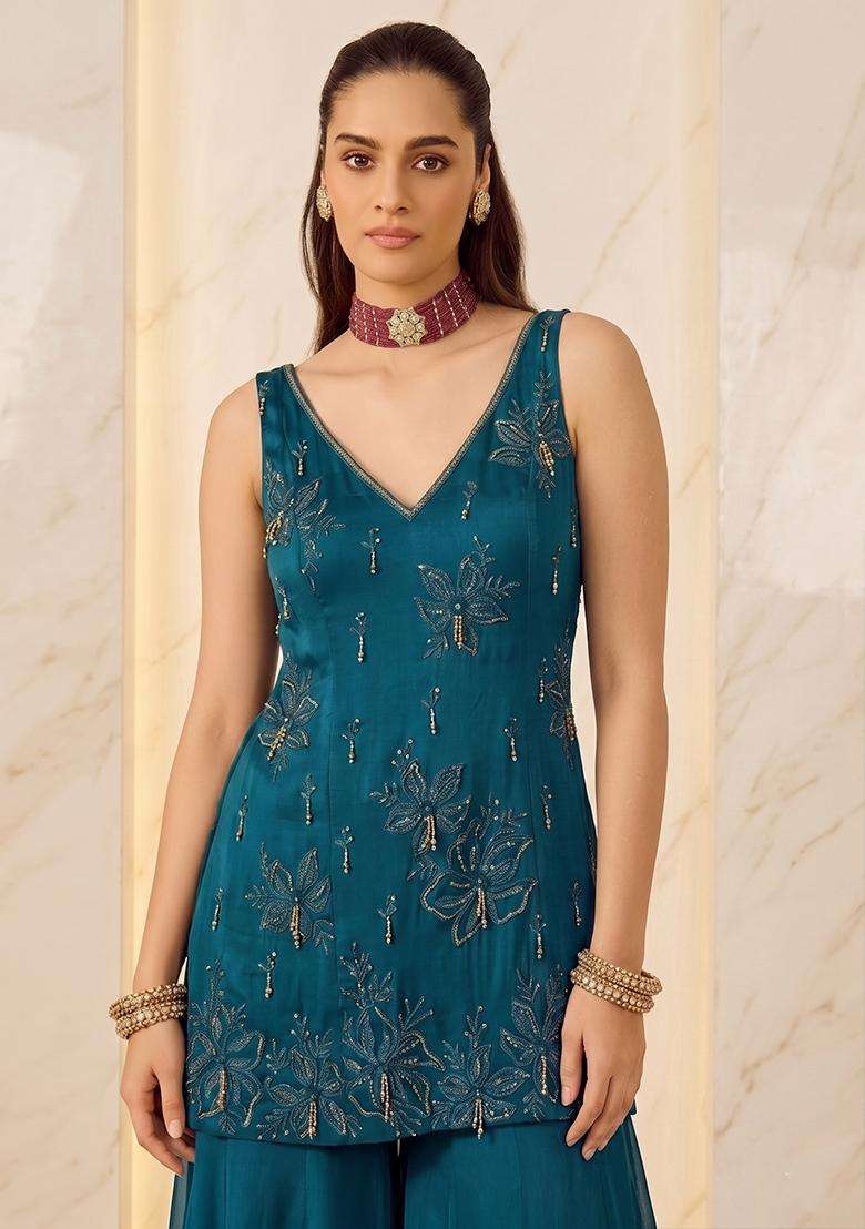 Teal Embroidered Sharara Set - Indya
