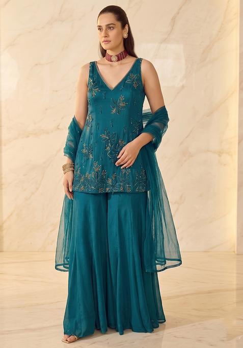 Teal Embroidered Sharara Set