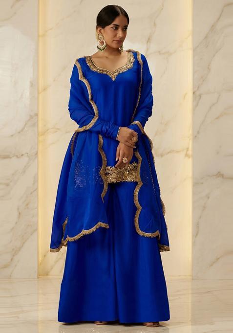 Royal Blue Embroidered Handwork Sharara Set
