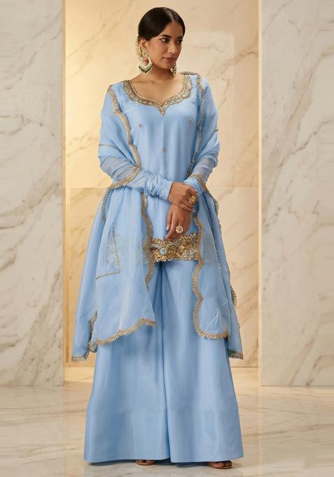 Powder Blue Embroidered Handwork Sharara Set