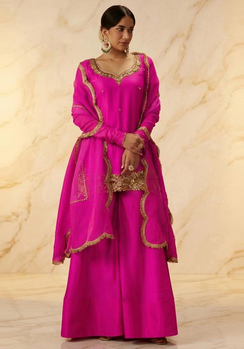 Magenta Pink Embroidered Handwork Sharara Set