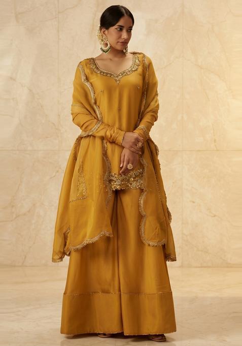 Mustard Embroidered Handwork Sharara Set