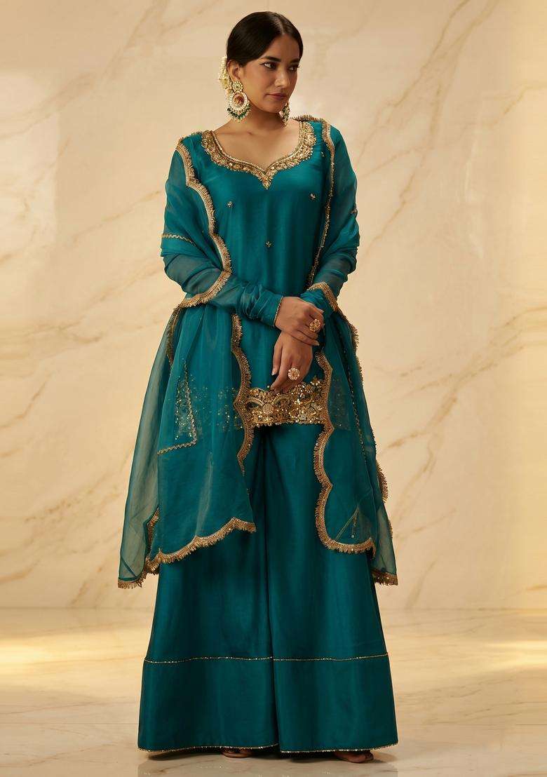 Teal Blue Embroidered Handwork Sharara Set - Indya