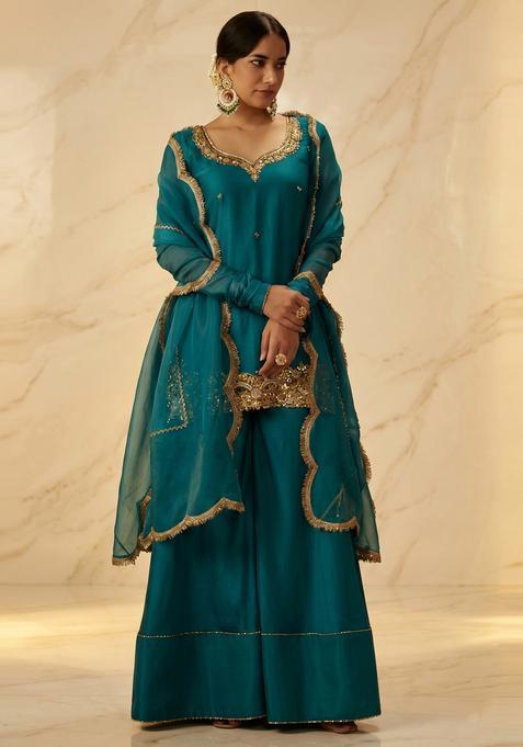 Teal Blue Embroidered Handwork Sharara Set