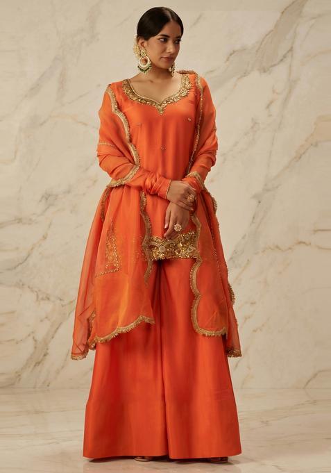 Rust Orange Embroidered Handwork Sharara Set