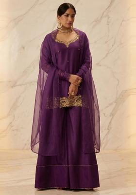 Deep Purple Embroidered Handwork Sharara Set