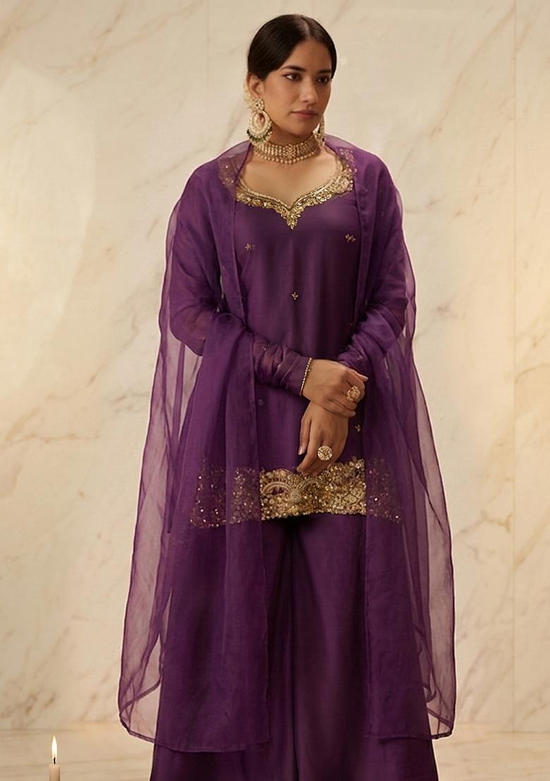 Deep Purple Embroidered Handwork Sharara Set - Indya
