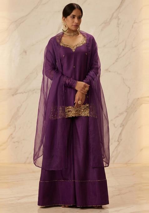 Deep Purple Embroidered Handwork Sharara Set