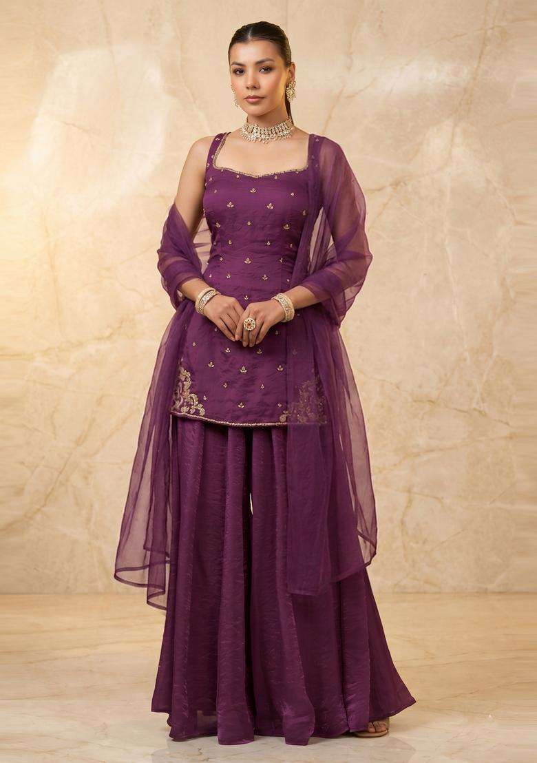 Deep Wine Embroidered Handwork Sharara Set - Indya