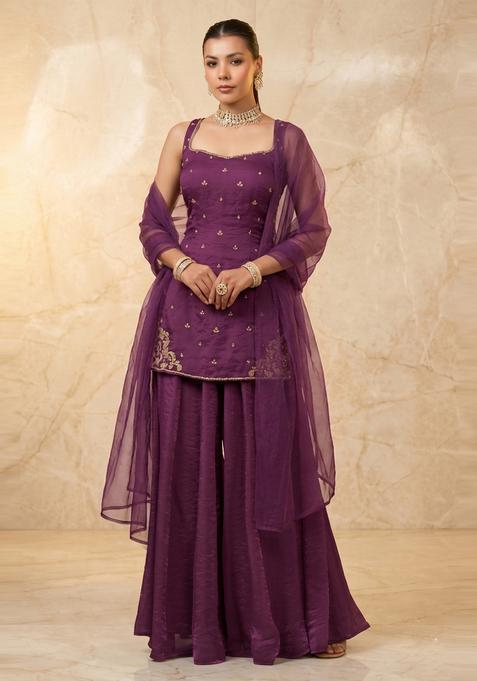 Deep Wine Embroidered Handwork Sharara Set