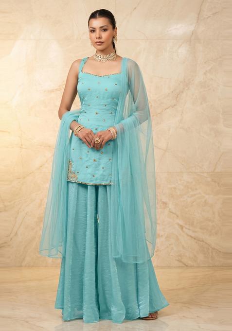 Sky Blue Embroidered Handwork Sharara Set