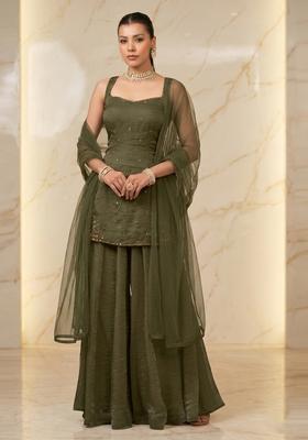 Deep Olive Embroidered Handwork Sharara Set