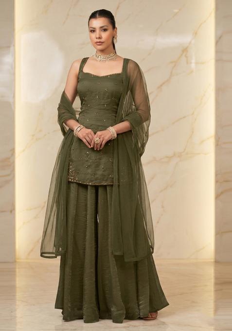 Deep Olive Embroidered Handwork Sharara Set