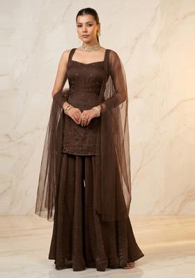 Chocolate Brown Embroidered Handwork Sharara Set