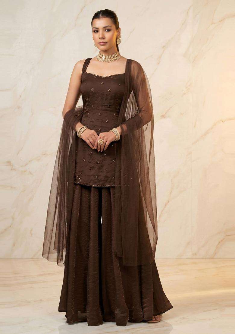 Chocolate Brown Embroidered Handwork Sharara Set - Indya