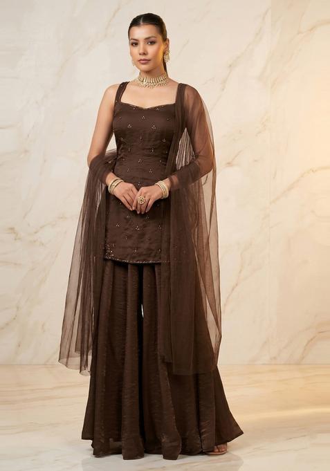 Chocolate Brown Embroidered Handwork Sharara Set