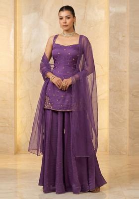 Deep Purple Embroidered Handwork Sharara Set