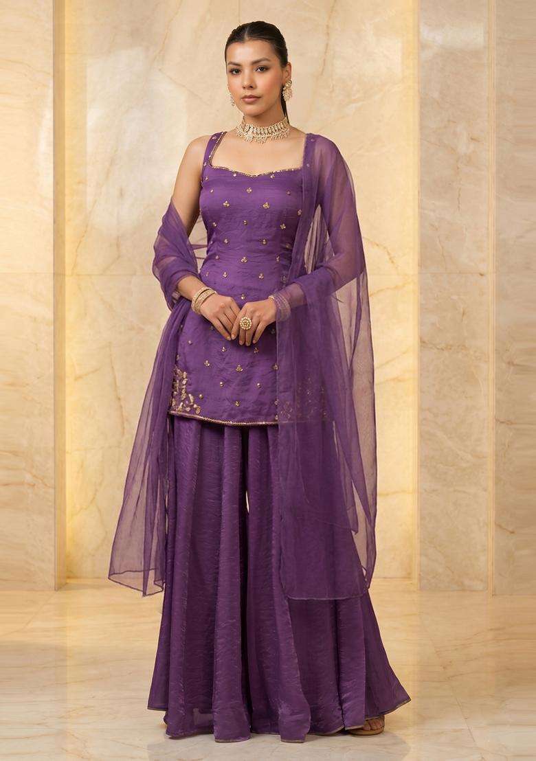 Deep Purple Embroidered Handwork Sharara Set - Indya