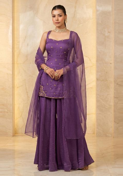 Deep Purple Embroidered Handwork Sharara Set