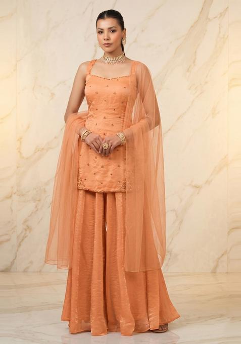 Dusty Peach Embroidered Handwork Sharara Set