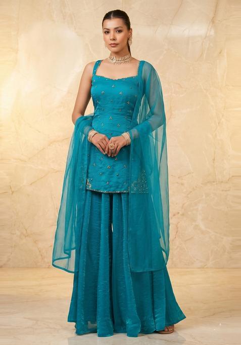Teal Blue Embroidered Handwork Sharara Set