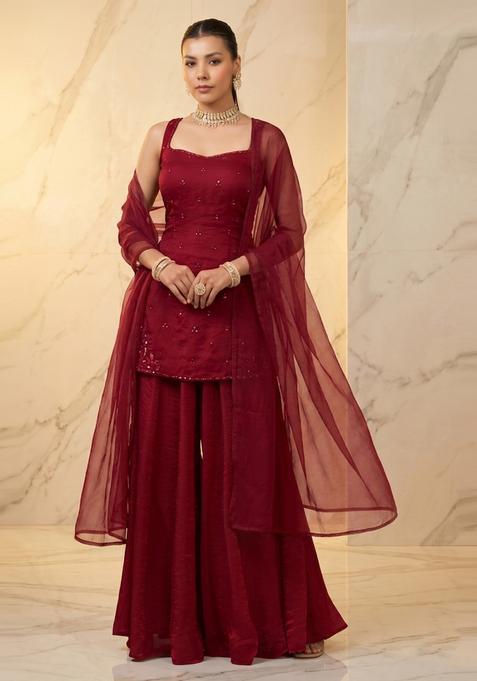 Deep Maroon Embroidered Handwork Sharara Set