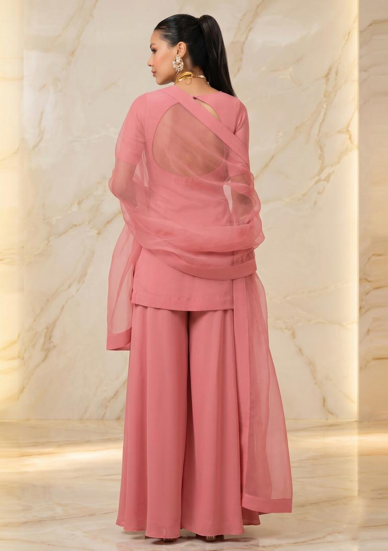 Dusty Pink Embroidered Handwork Sharara Set - Indya