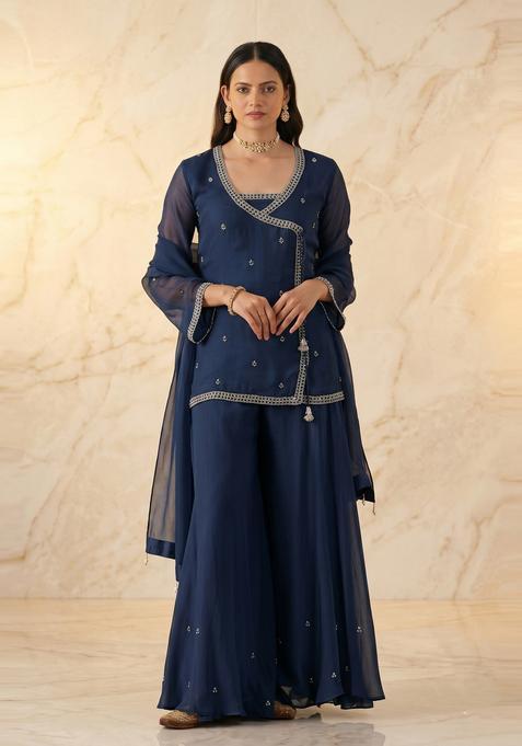 Navy Blue Embroidered Handwork Sharara Set
