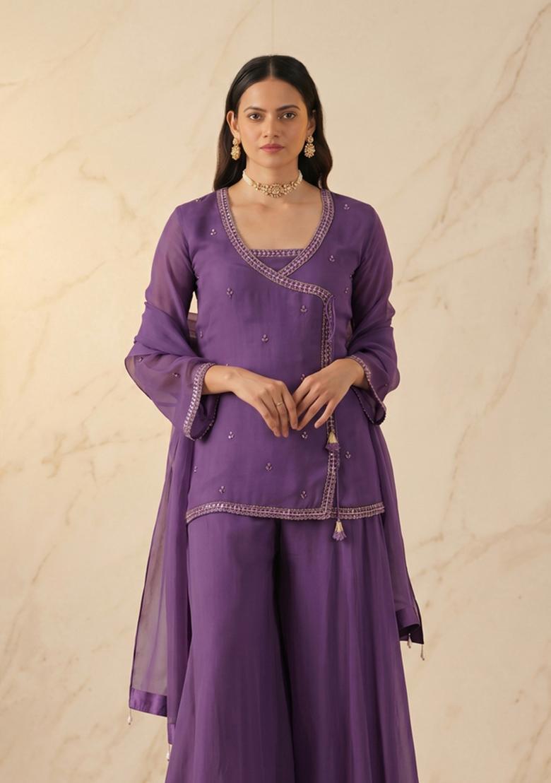 Purple Embroidered Handwork Sharara Set - Indya