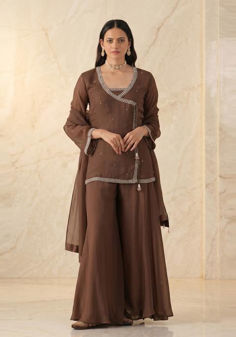 Chocolate Brown Embroidered Handwork Sharara Set