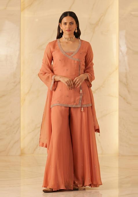 Rust Orange Embroidered Handwork Sharara Set