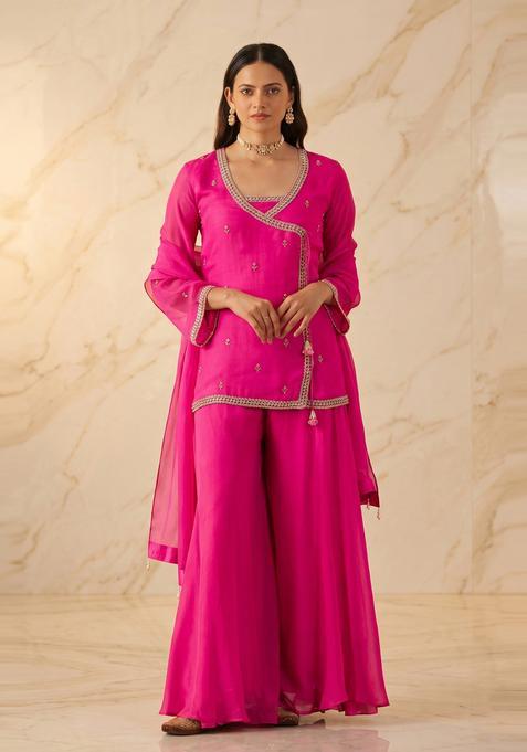 Magenta Pink Embroidered Handwork Sharara Set