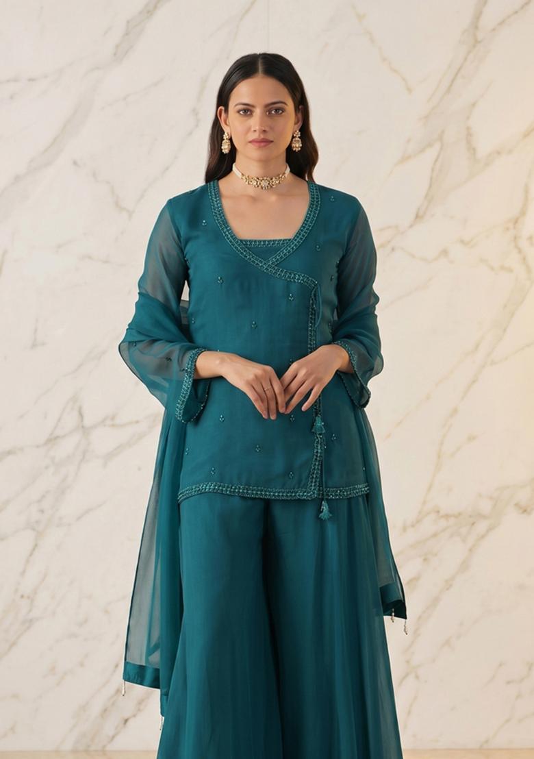 Deep Teal Embroidered Handwork Sharara Set - Indya