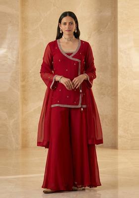 Deep Red Embroidered Handwork Sharara Set