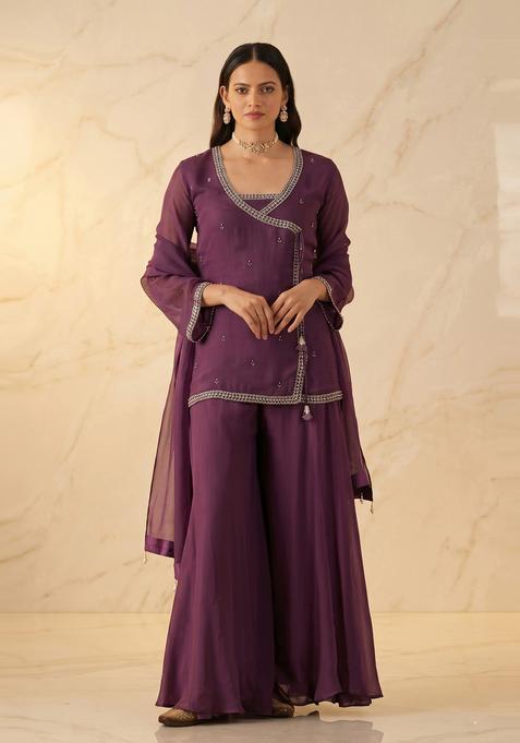 Deep Purple Embroidered Handwork Sharara Set