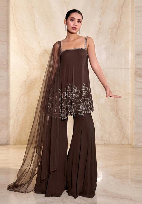 Chocolate Brown Embroidered Handwork Fusion Set