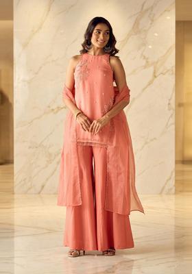 Coral Peach Embroidered Handwork Sharara Set