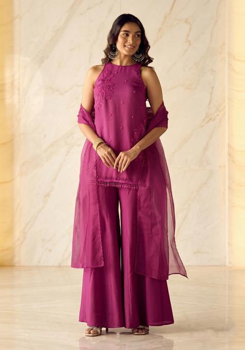 Dark Purple Embroidered Handwork Sharara Set