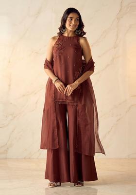 Coffee Brown Embroidered Handwork Sharara Set