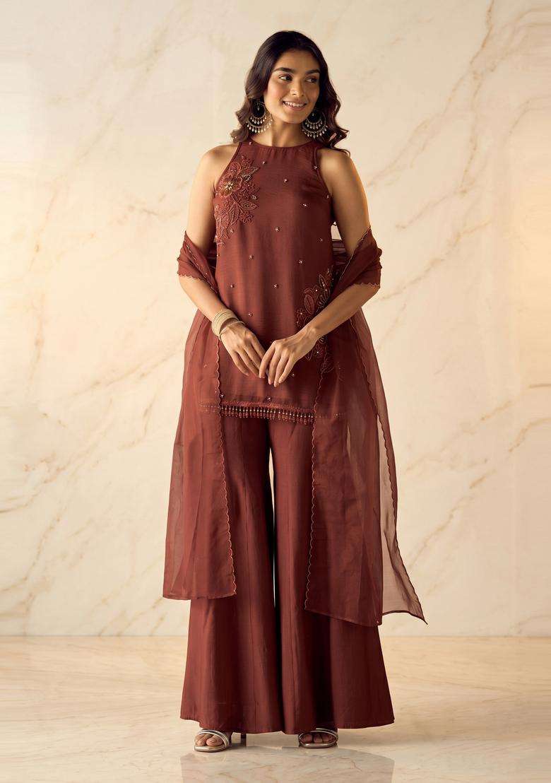 Coffee Brown Embroidered Handwork Sharara Set - Indya