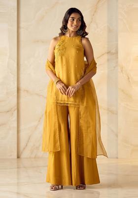 Mustard Embroidered Handwork Sharara Set